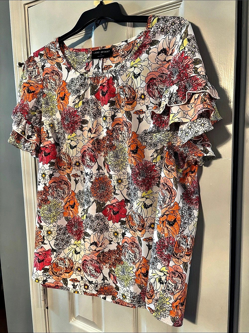 Lane Bryant Ruffle Sleeve White Top with Orange & Pink Flowers